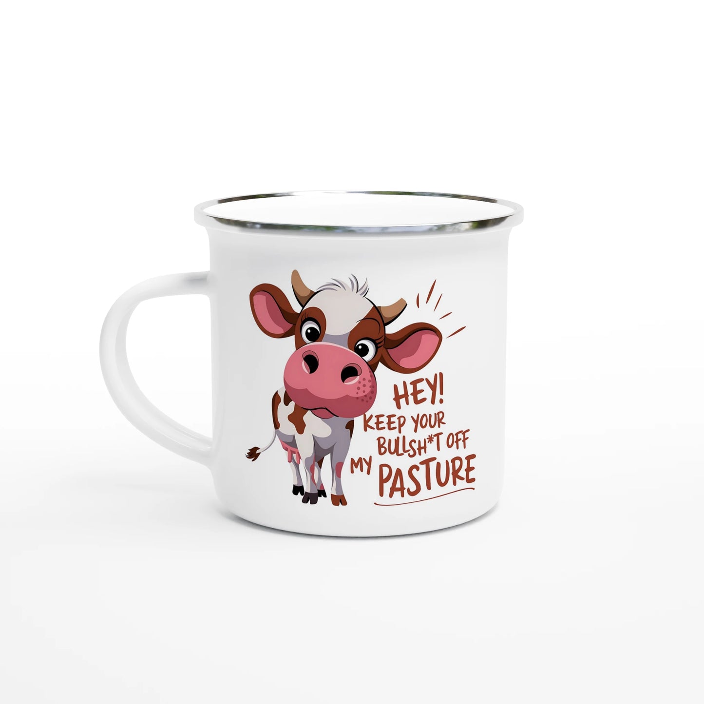 Hey, Keep Your Bull Off My Pasture - Personalised White 12oz Enamel Mug Default Title , Animal Sarcastic , Enamel Mug