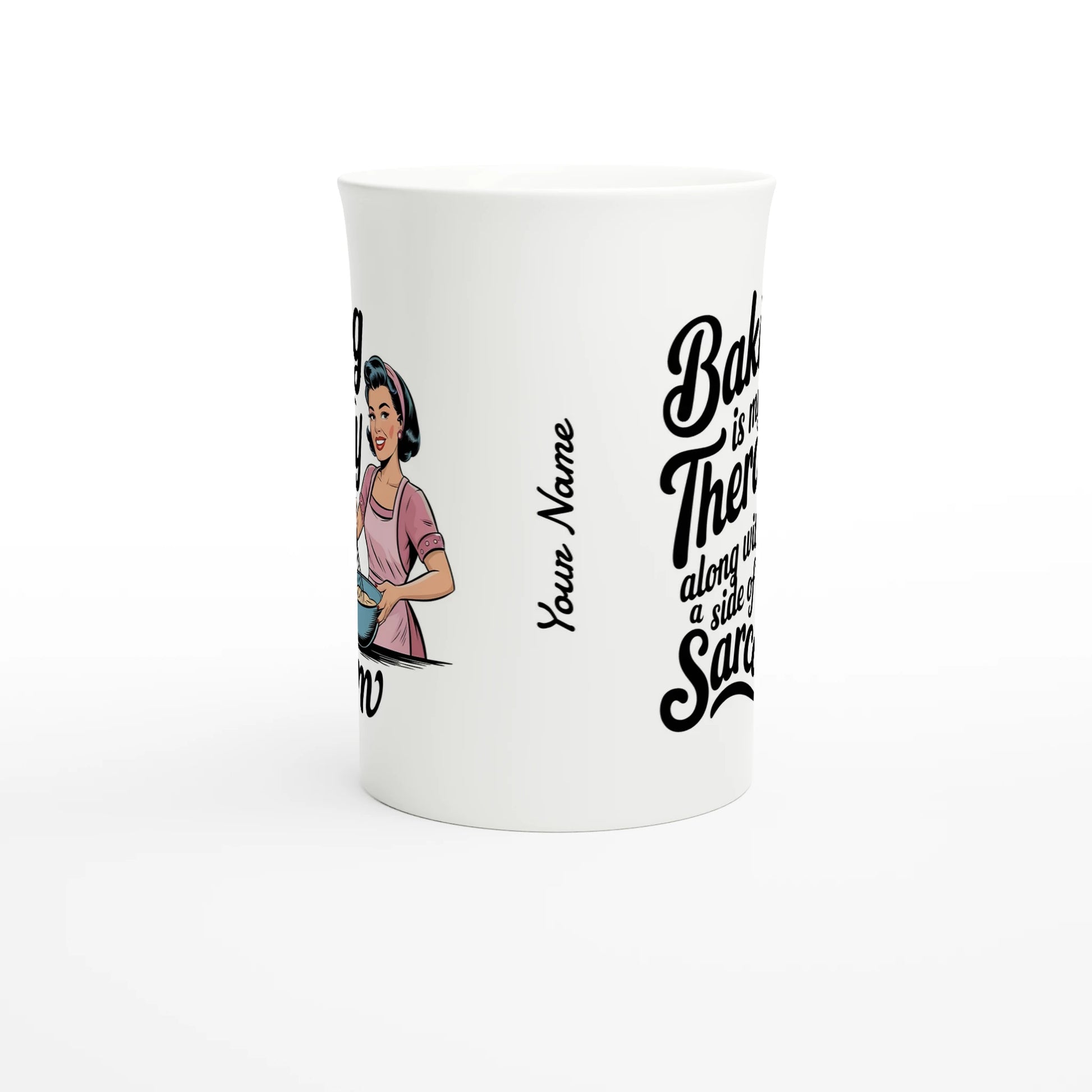 Baking Is My Therapy, Along With A Side Of Sarcasm - Personalised White 10oz Porcelain Slim Mug , Retro Woman Sarcastic Vintage Housewife , Porcelain Mug