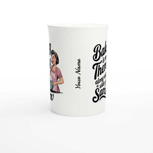 Baking Is My Therapy, Along With A Side Of Sarcasm - Personalised White 10oz Porcelain Slim Mug , Retro Woman Sarcastic Vintage Housewife , Porcelain Mug