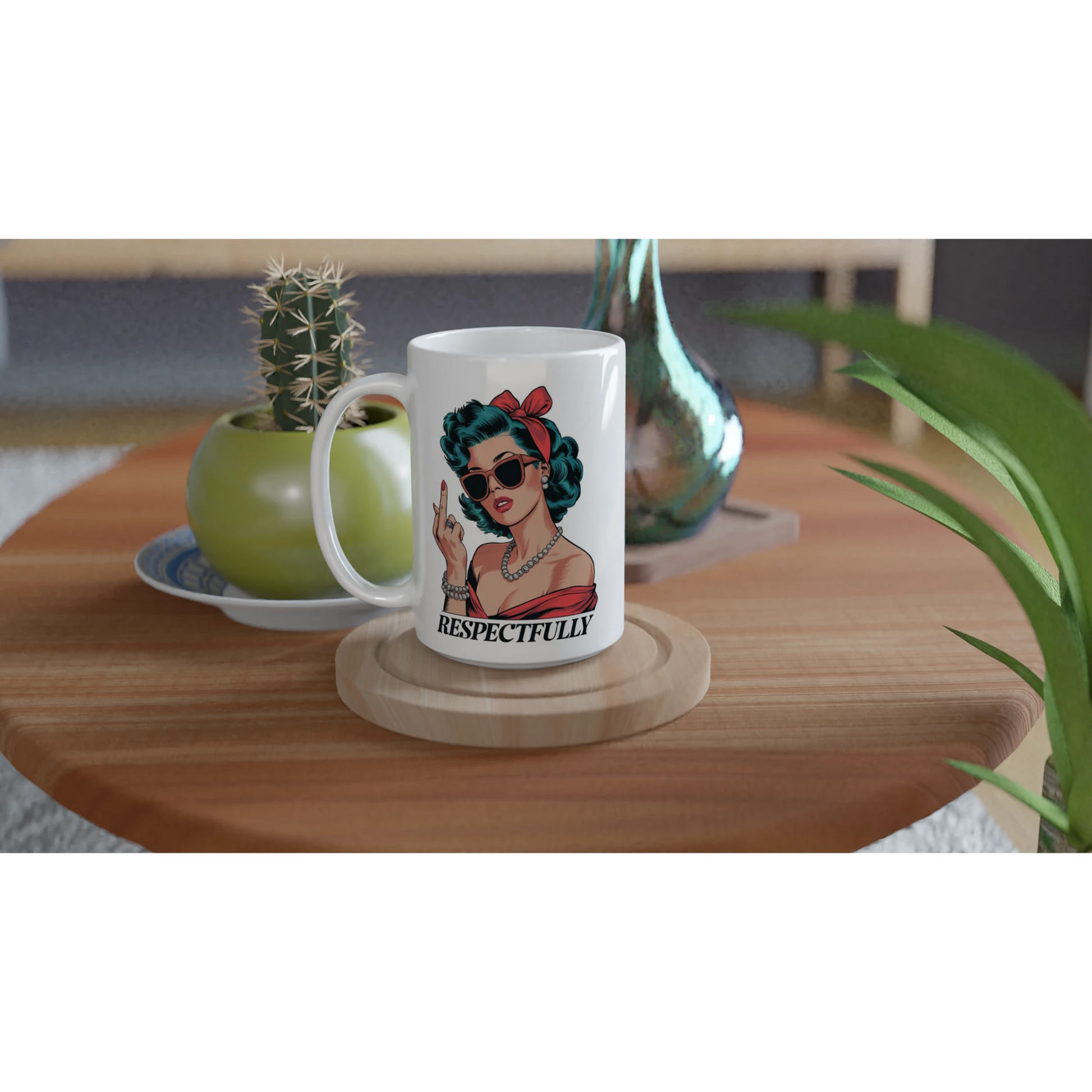 Respectfully, Retro Woman With Middle Finger - Personalised White 15oz Ceramic Mug , Retro Woman Sarcastic Vintage Housewife , 15oz Mug