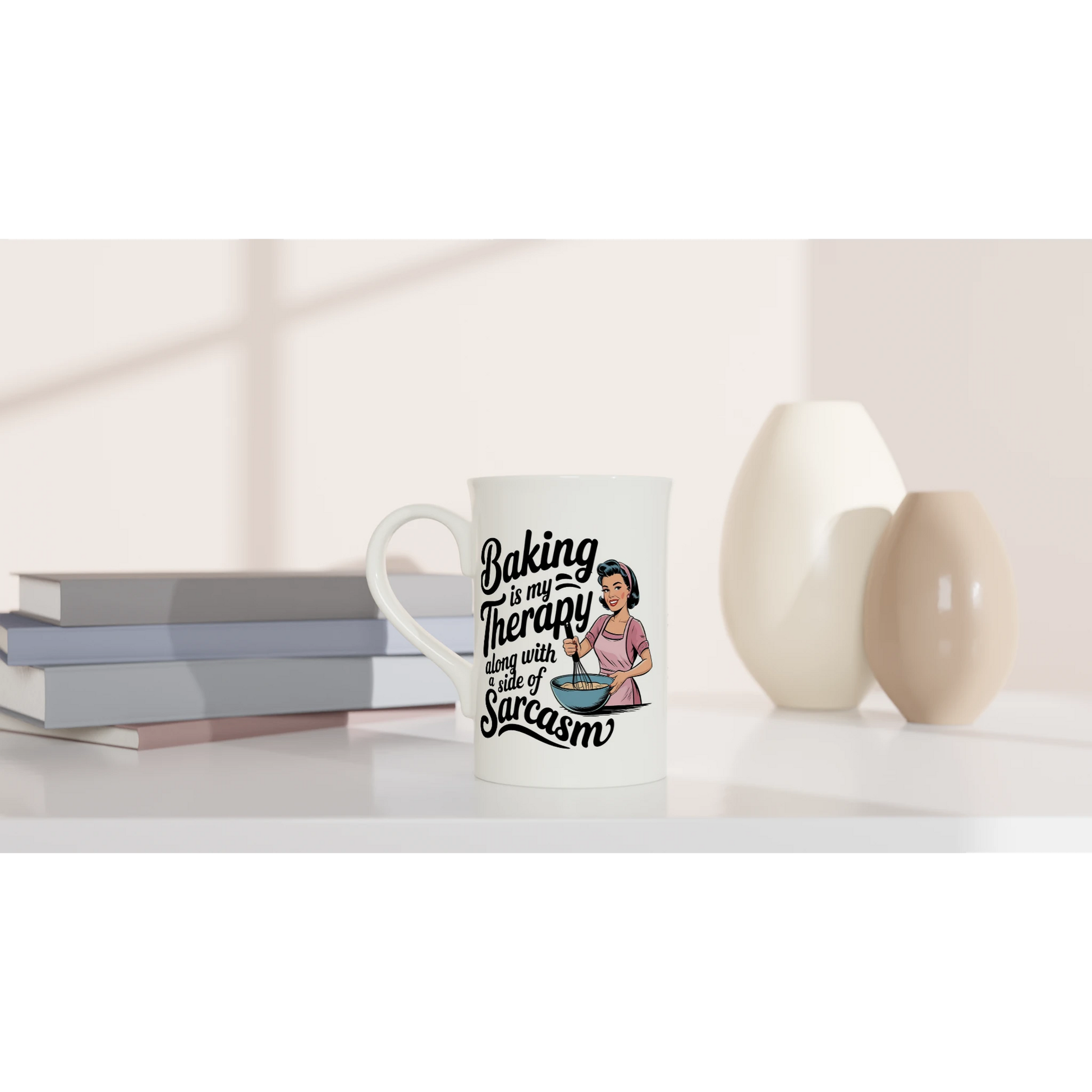 Baking Is My Therapy, Along With A Side Of Sarcasm - Personalised White 10oz Porcelain Slim Mug , Retro Woman Sarcastic Vintage Housewife , Porcelain Mug