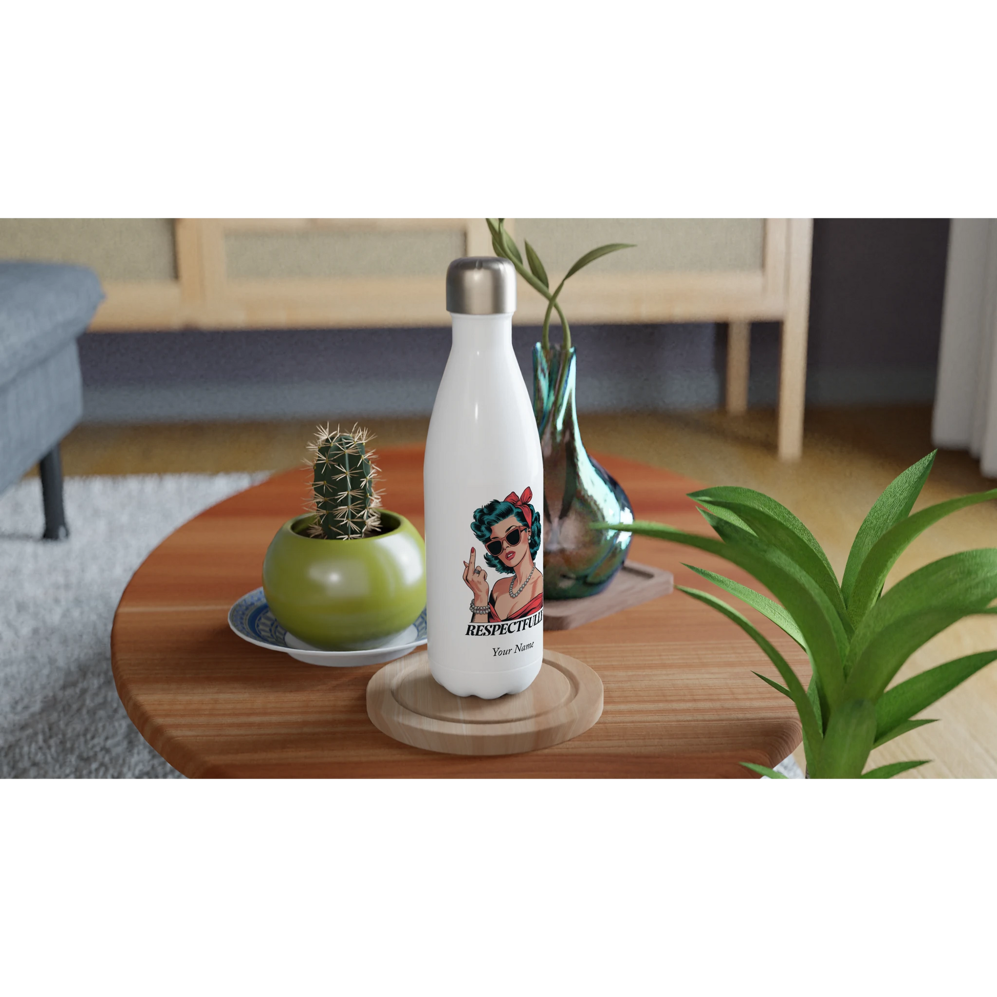 Respectfully, Retro Woman With Middle Finger - Personalised White 17oz Stainless Steel Water Bottle , Retro Woman Sarcastic Vintage Housewife , Water Bottle