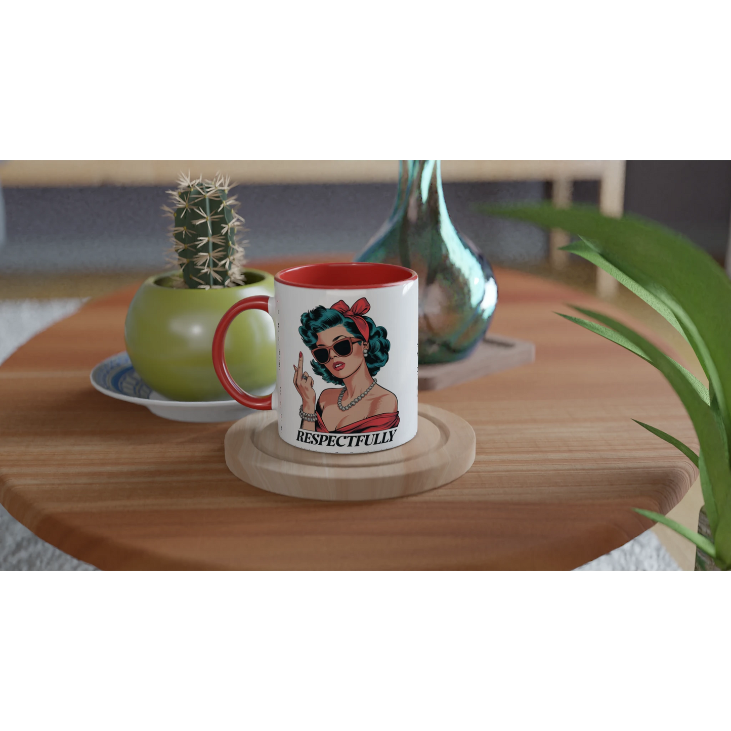 Respectfully, Retro Woman With Middle Finger - Personalised 11oz Ceramic Mug , Retro Woman Sarcastic Vintage Housewife , 11oz Mug