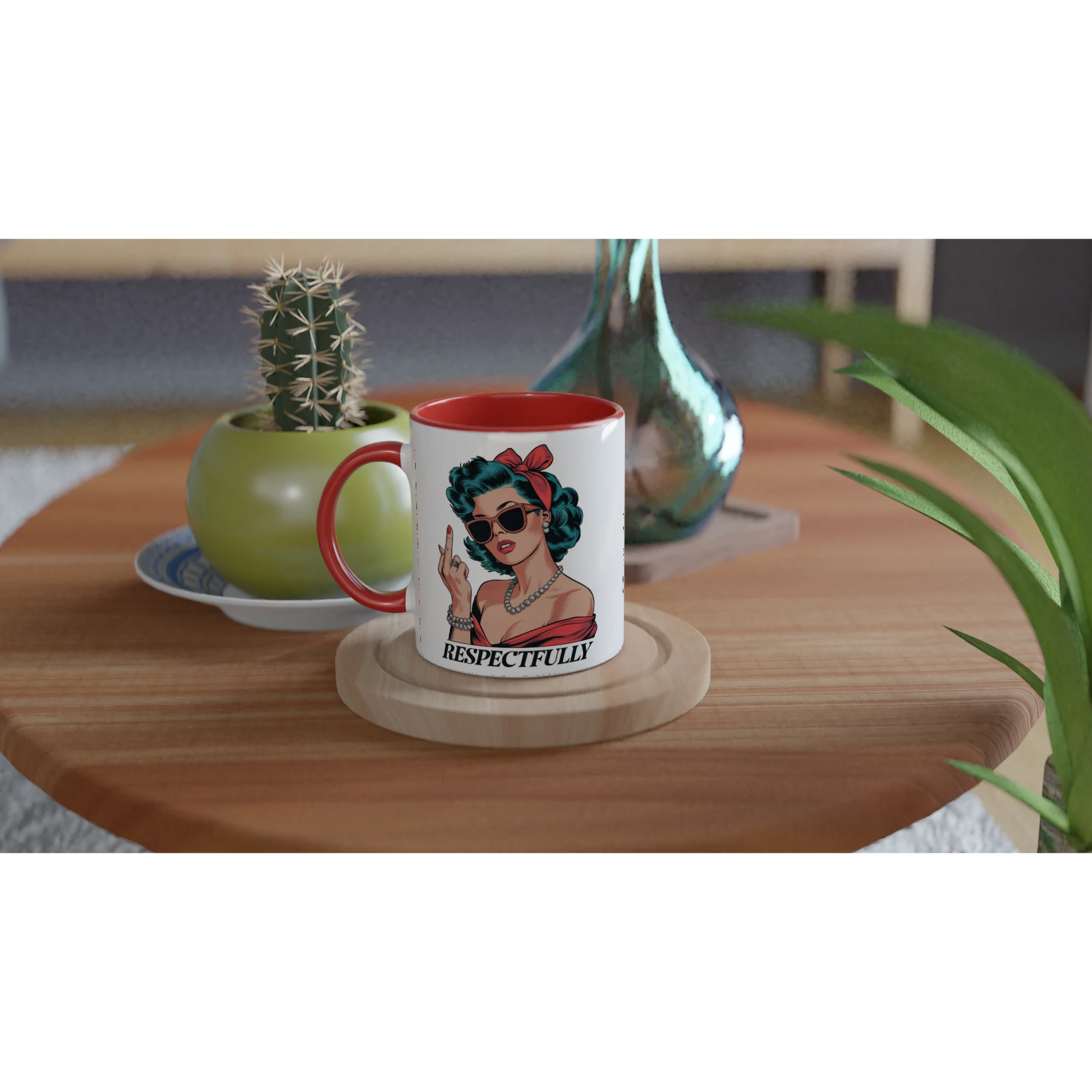 Respectfully, Retro Woman With Middle Finger - Personalised 11oz Ceramic Mug , Retro Woman Sarcastic Vintage Housewife , 11oz Mug