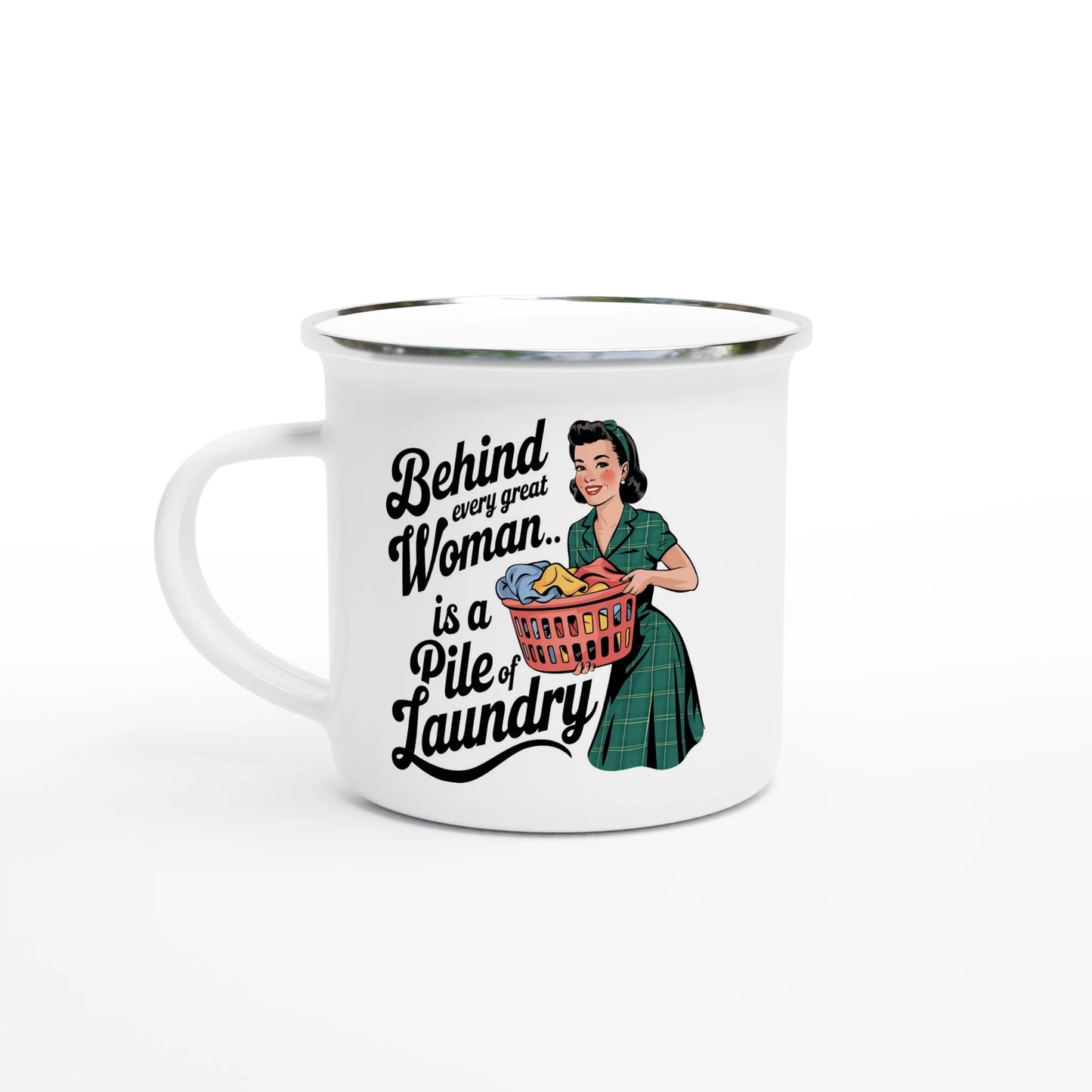Behind Every Great Woman Is A Pile Of Laundry - Personalised White 12oz Enamel Mug Default Title , Retro Woman Sarcastic Vintage Housewife , Enamel Mug
