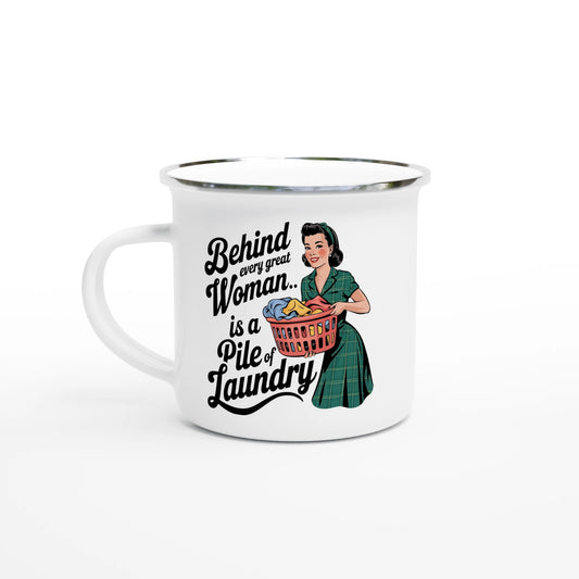 Behind Every Great Woman Is A Pile Of Laundry - Personalised White 12oz Enamel Mug Default Title , Retro Woman Sarcastic Vintage Housewife , Enamel Mug