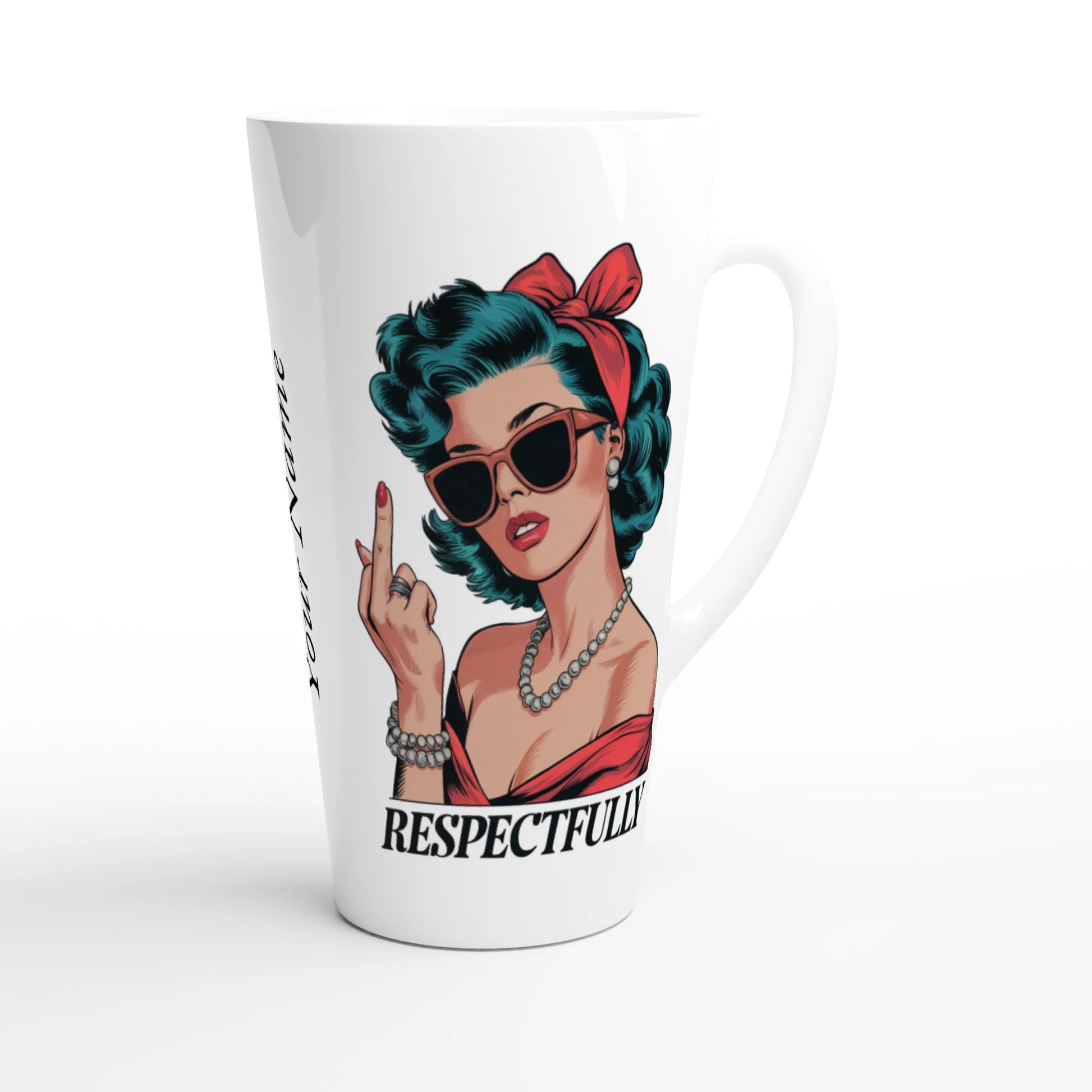 Respectfully, Retro Woman With Middle Finger - Personalised White Latte 17oz Ceramic Mug , Retro Woman Sarcastic Vintage Housewife , Latte Mug