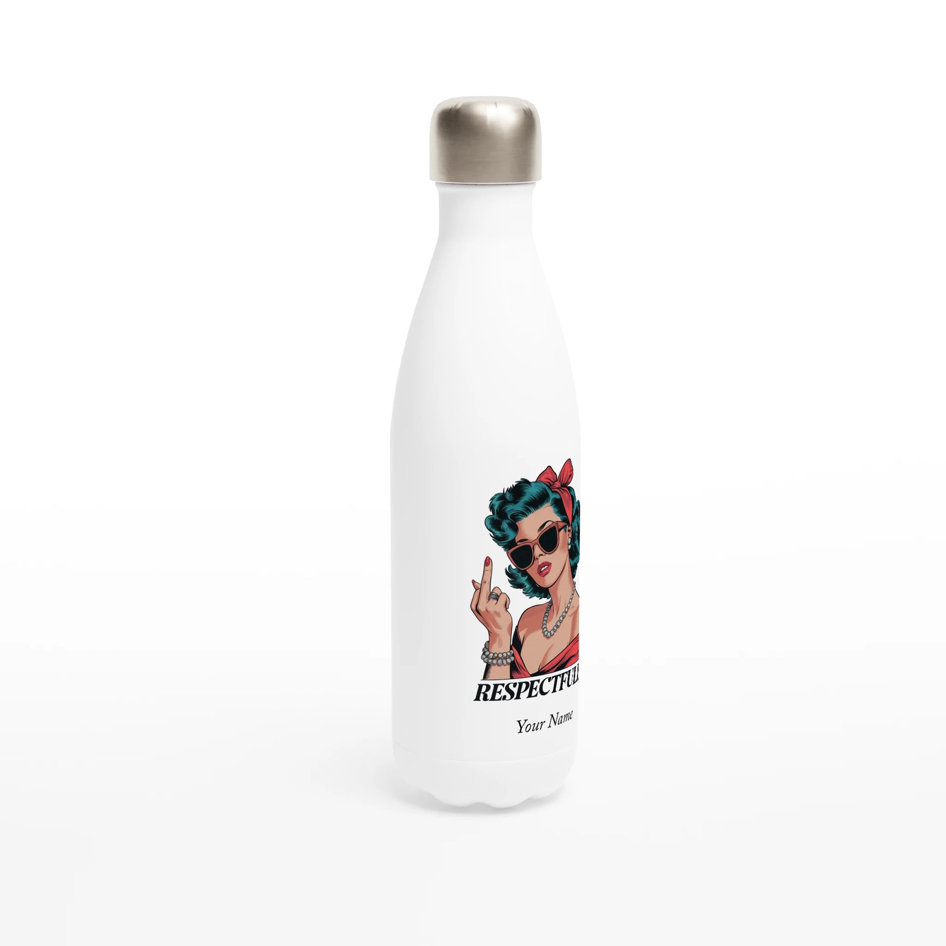 Respectfully, Retro Woman With Middle Finger - Personalised White 17oz Stainless Steel Water Bottle , Retro Woman Sarcastic Vintage Housewife , Water Bottle