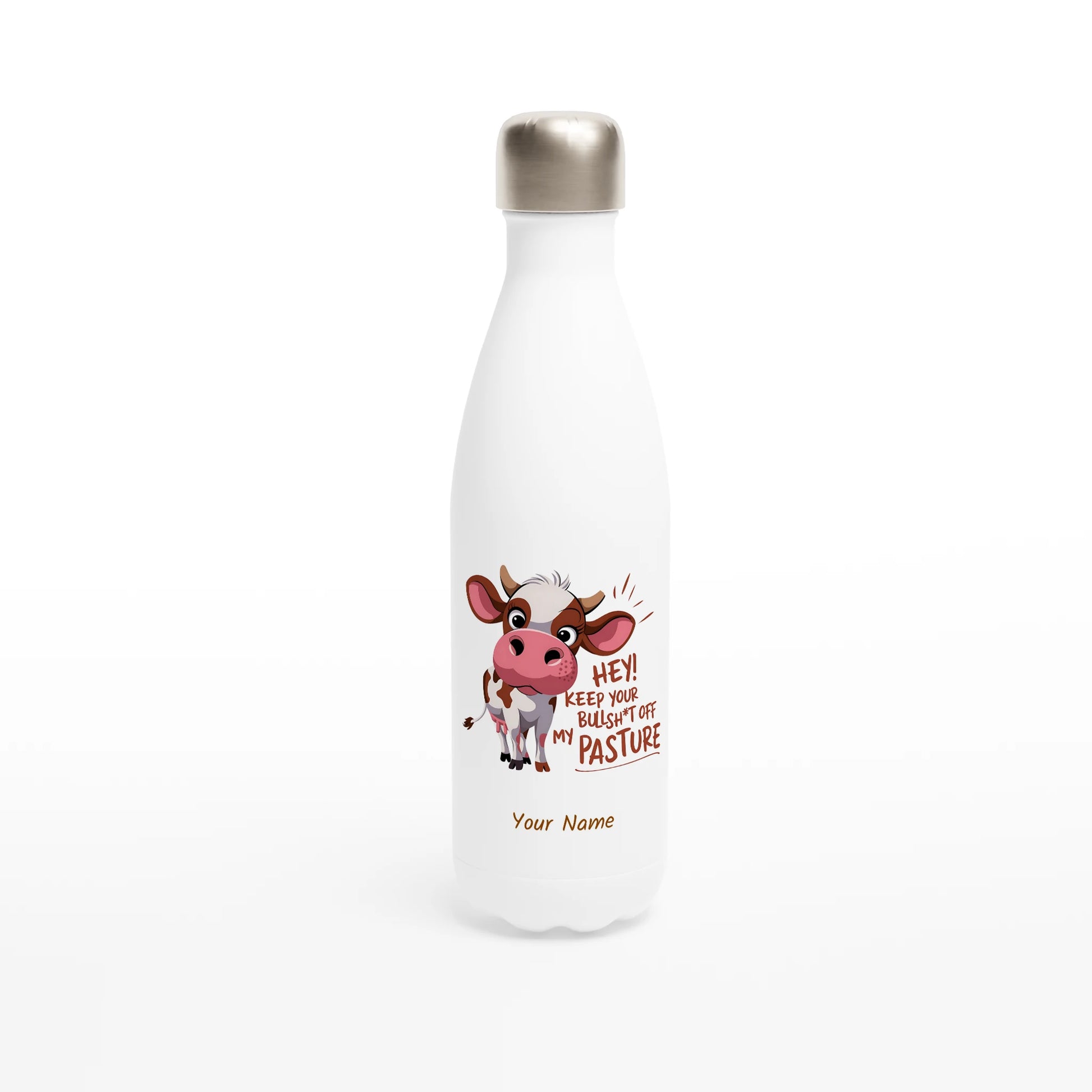 Hey, Keep Your Bull Off My Pasture - Personalised White 17oz Stainless Steel Water Bottle Default Title , Animal Sarcastic , Water Bottle
