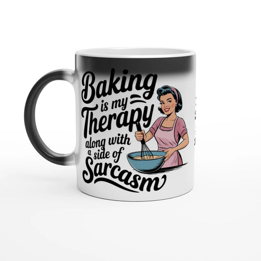 Baking Is My Therapy, Along With A Side Of Sarcasm - Personalised Magic 11oz Ceramic Mug Default Title , Retro Woman Sarcastic Vintage Housewife , Magic Mug