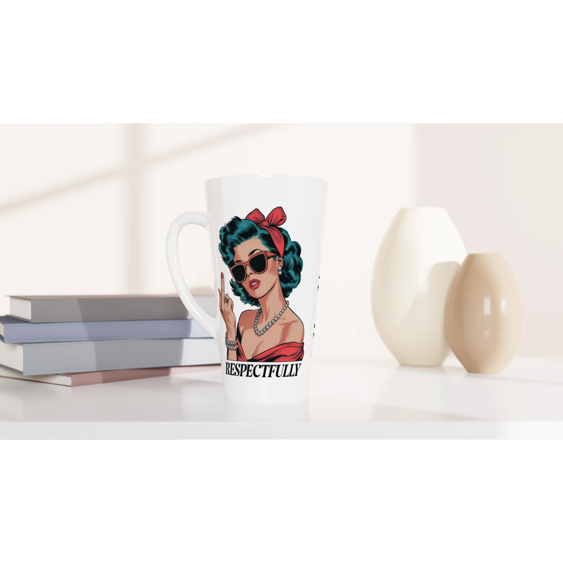 Respectfully, Retro Woman With Middle Finger - Personalised White Latte 17oz Ceramic Mug , Retro Woman Sarcastic Vintage Housewife , Latte Mug