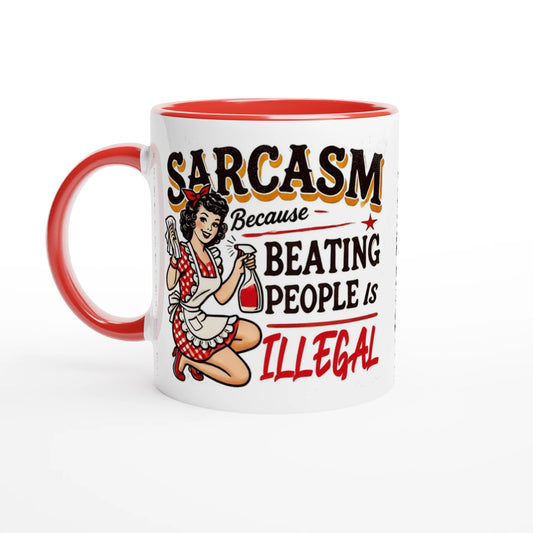 Sarcasm, Because Beating People Is Wrong - Personalised 11oz Ceramic Mug Ceramic Red , Retro Woman Sarcastic Vintage Housewife , 11oz Mug