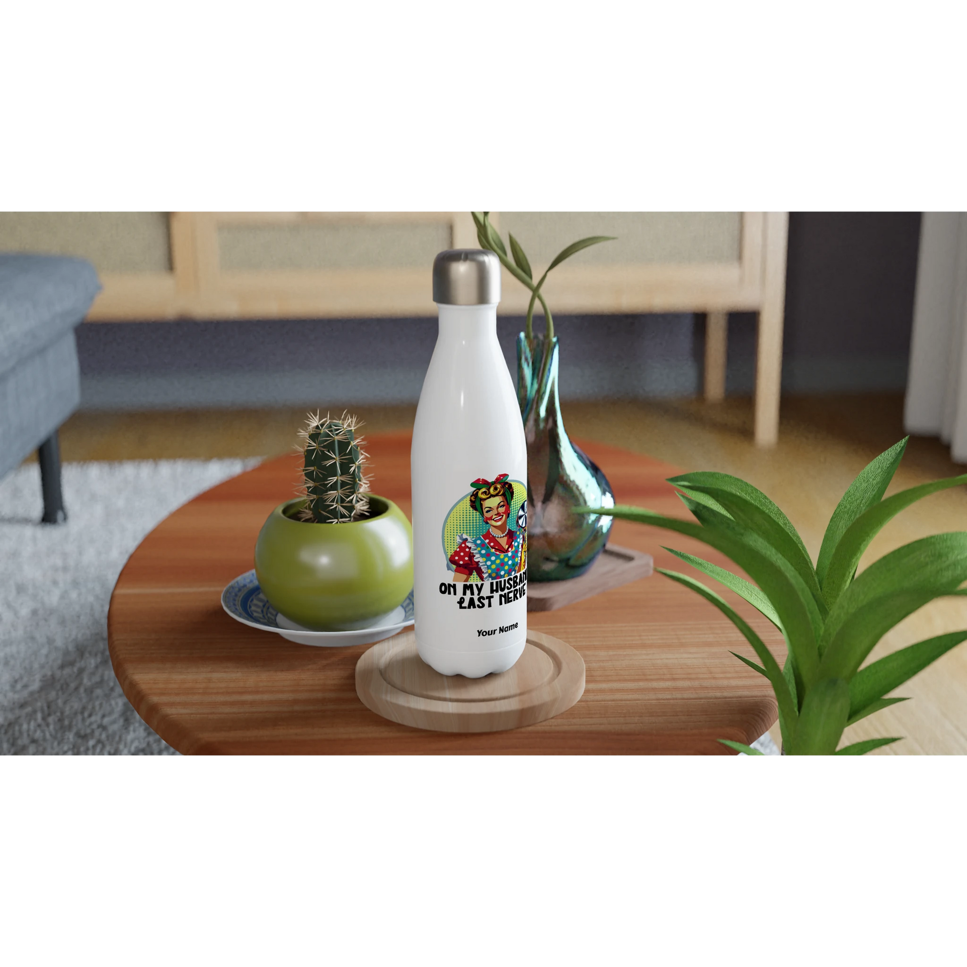 On My Husbands Last Nerve - Personalised White 17oz Stainless Steel Water Bottle , Retro Woman Sarcastic Vintage Housewife , Water Bottle
