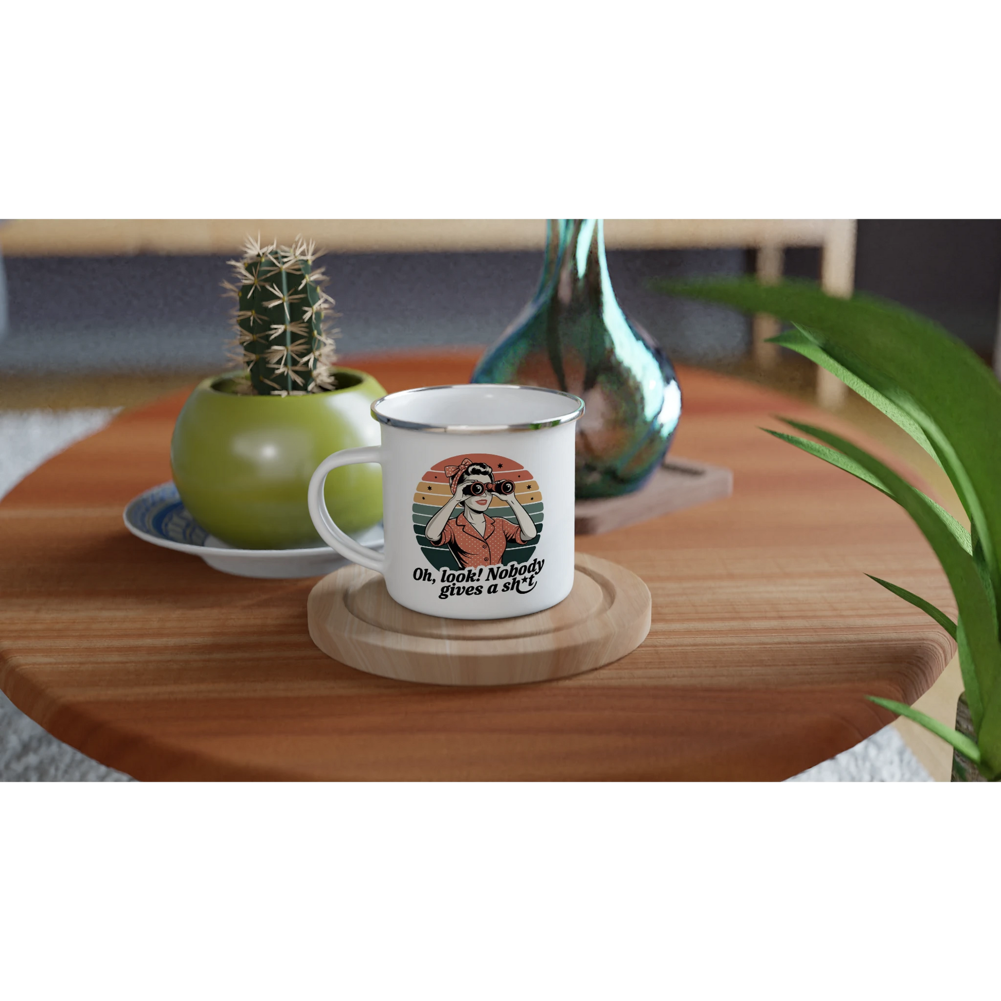Oh Look, Nobody Gives A - Personalised White 12oz Enamel Mug , Retro Woman Sarcastic Vintage Housewife , Enamel Mug