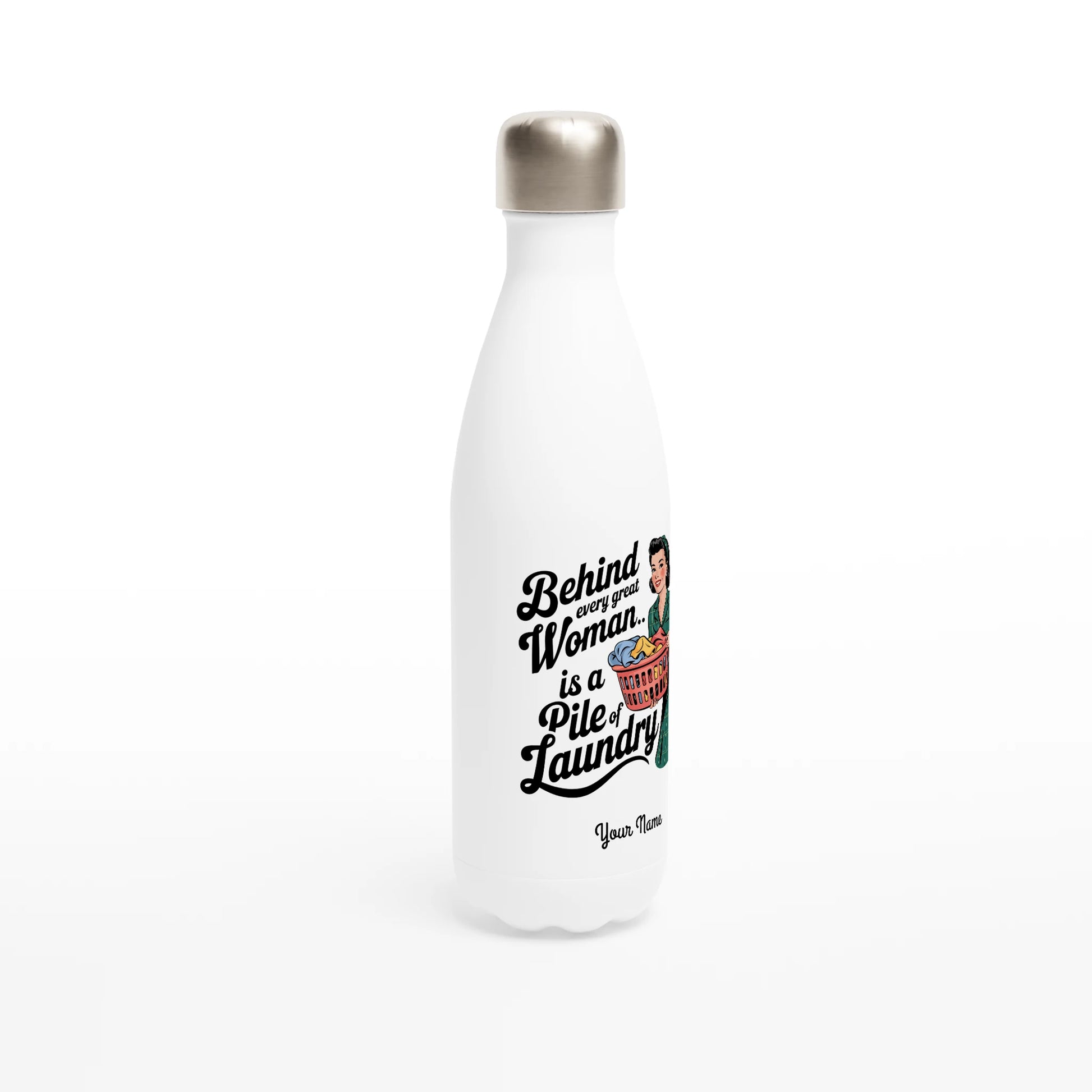 Behind Every Great Woman Is A Pile Of Laundry - Personalised White 17oz Stainless Steel Water Bottle , Retro Woman Sarcastic Vintage Housewife , Water Bottle