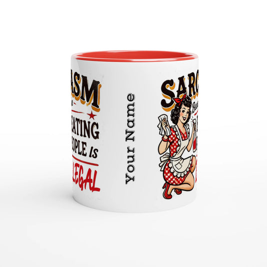 Sarcasm, Because Beating People Is Wrong - Personalised 11oz Ceramic Mug , Retro Woman Sarcastic Vintage Housewife , 11oz Mug