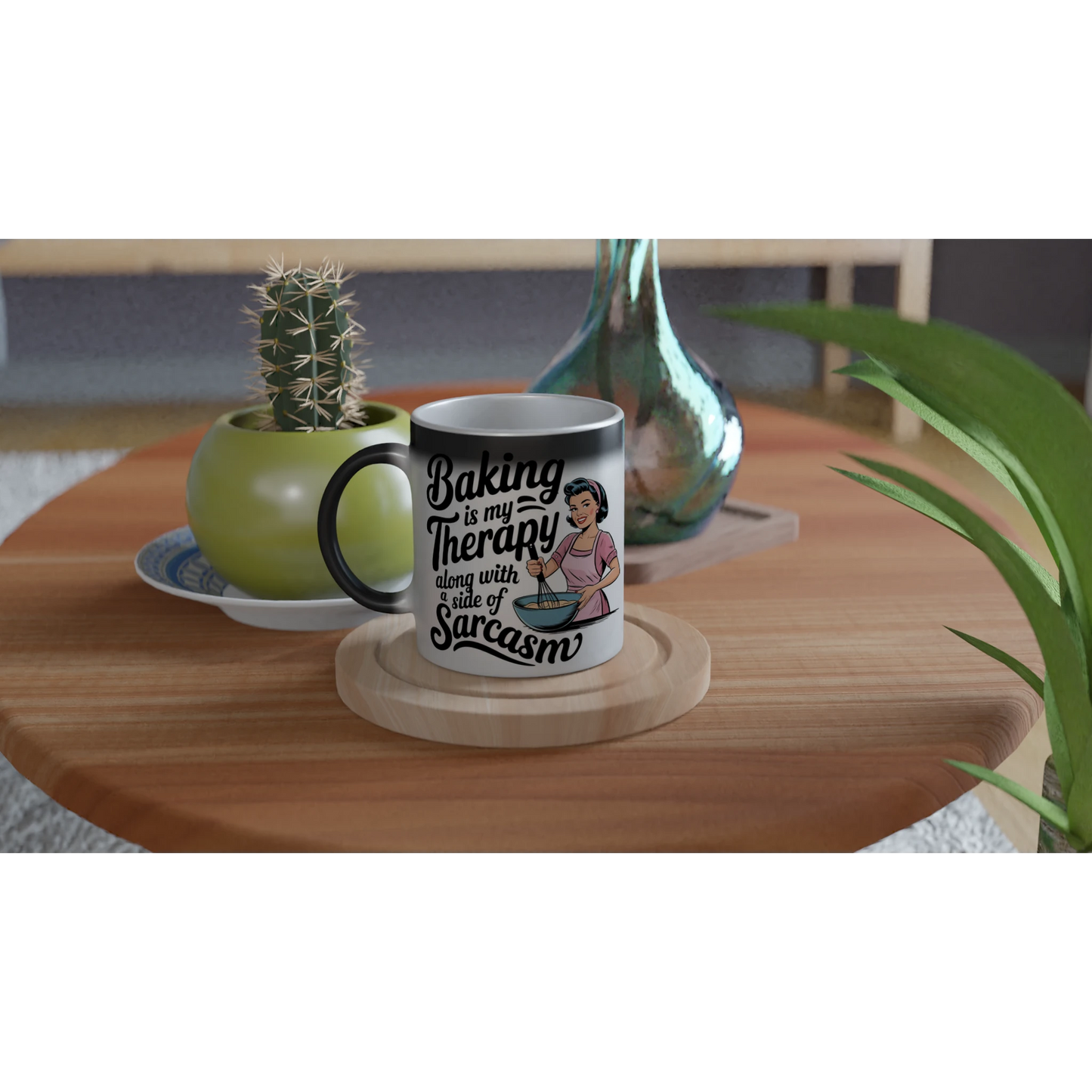 Baking Is My Therapy, Along With A Side Of Sarcasm - Personalised Magic 11oz Ceramic Mug , Retro Woman Sarcastic Vintage Housewife , Magic Mug