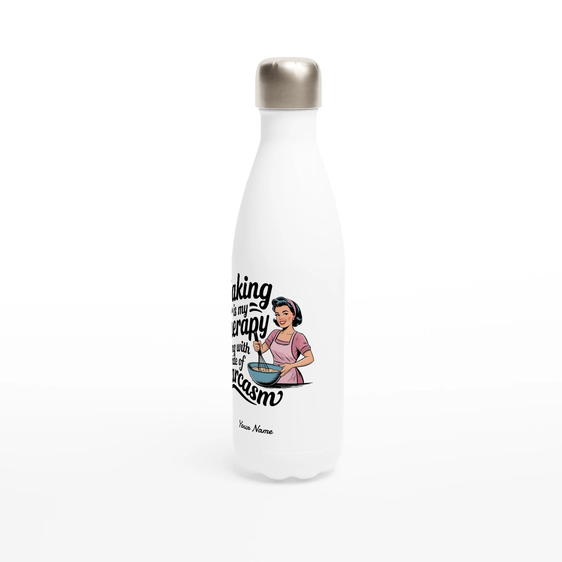Baking Is My Therapy, Along With A Side Of Sarcasm - Personalised White 17oz Stainless Steel Water Bottle , Retro Woman Sarcastic Vintage Housewife , Water Bottle