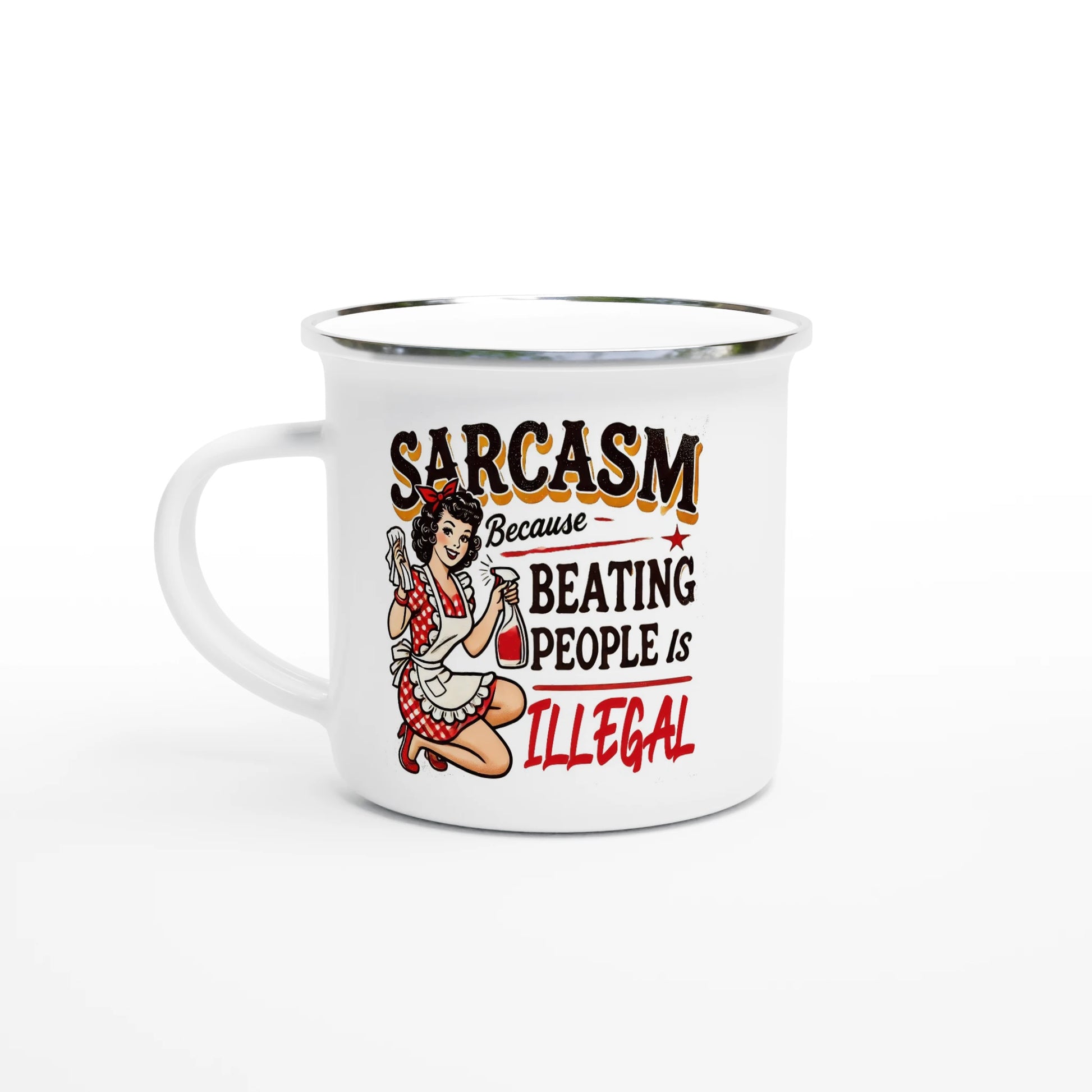 Sarcasm, Because Beating People Is Wrong - Personalised White 12oz Enamel Mug Default Title , Retro Woman Sarcastic Vintage Housewife , Enamel Mug