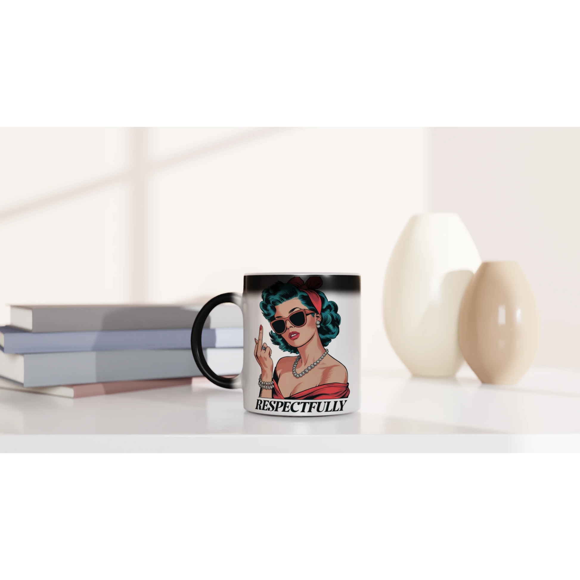 Respectfully, Retro Woman With Middle Finger - Personalised Magic 11oz Ceramic Mug , Retro Woman Sarcastic Vintage Housewife , Magic Mug