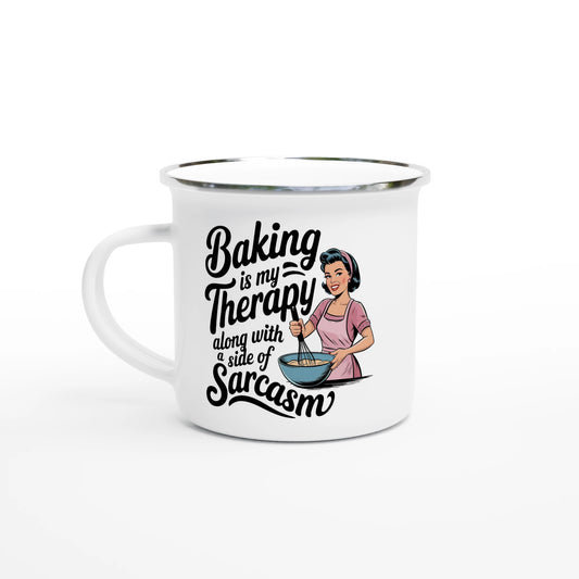 Baking Is My Therapy, Along With A Side Of Sarcasm - Personalised White 12oz Enamel Mug Default Title , Retro Woman Sarcastic Vintage Housewife , Enamel Mug