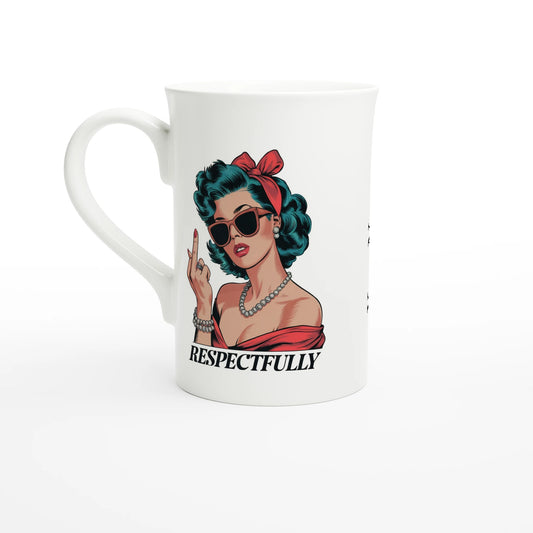 Respectfully, Retro Woman With Middle Finger - Personalised White 10oz Porcelain Slim Mug Default Title , Retro Woman Sarcastic Vintage Housewife , Porcelain Mug