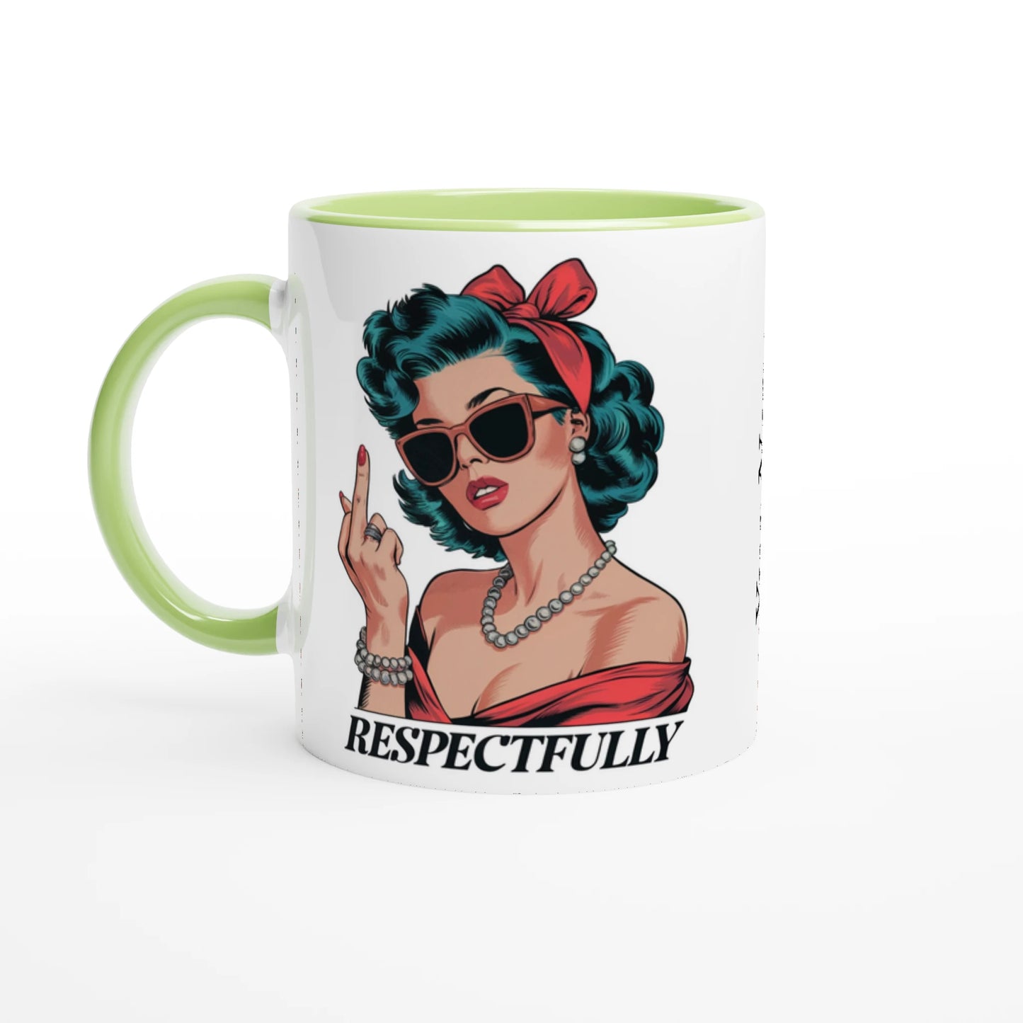 Respectfully, Retro Woman With Middle Finger - Personalised 11oz Ceramic Mug Ceramic Green , Retro Woman Sarcastic Vintage Housewife , 11oz Mug