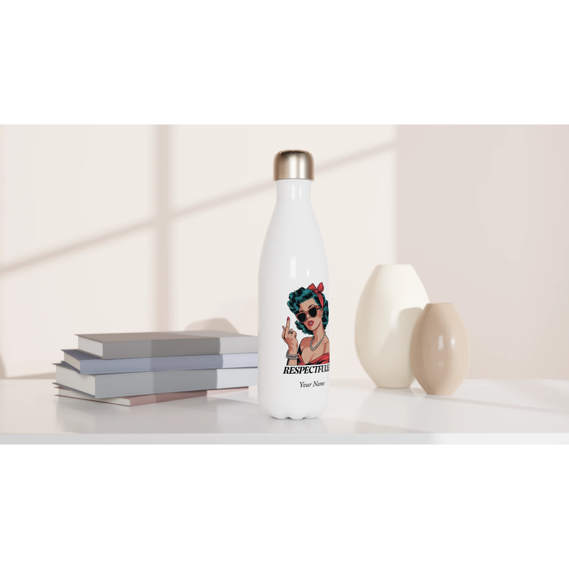 Respectfully, Retro Woman With Middle Finger - Personalised White 17oz Stainless Steel Water Bottle , Retro Woman Sarcastic Vintage Housewife , Water Bottle