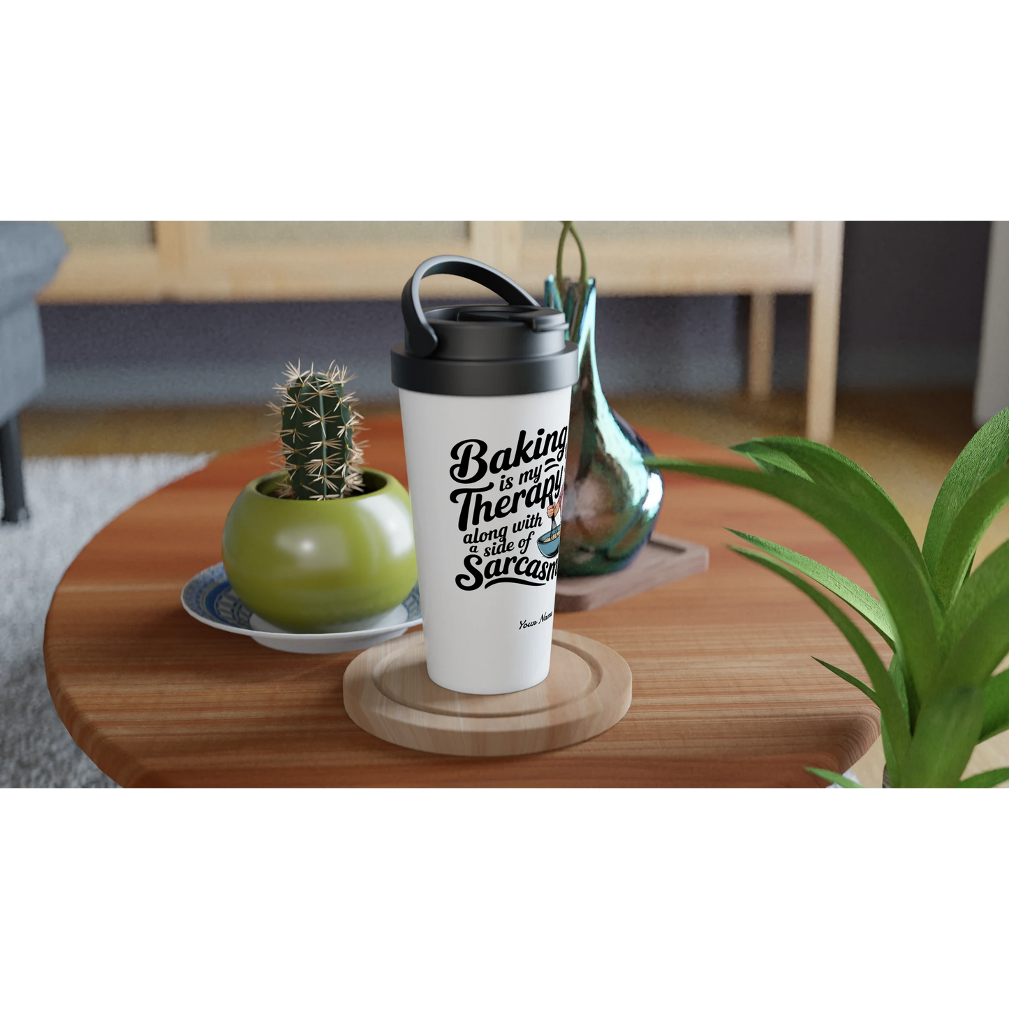 Baking Is My Therapy, Along With A Side Of Sarcasm - Personalised White 15oz Stainless Steel Travel Mug , Retro Woman Sarcastic Vintage Housewife , Travel Mug