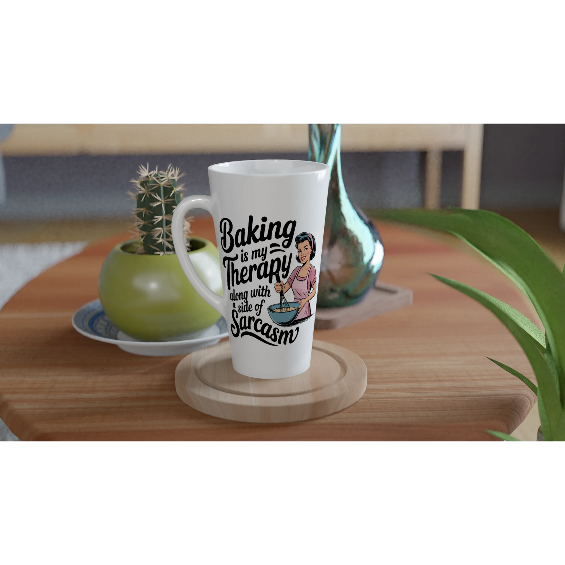 Baking Is My Therapy, Along With A Side Of Sarcasm - Personalised White Latte 17oz Ceramic Mug , Retro Woman Sarcastic Vintage Housewife , Latte Mug