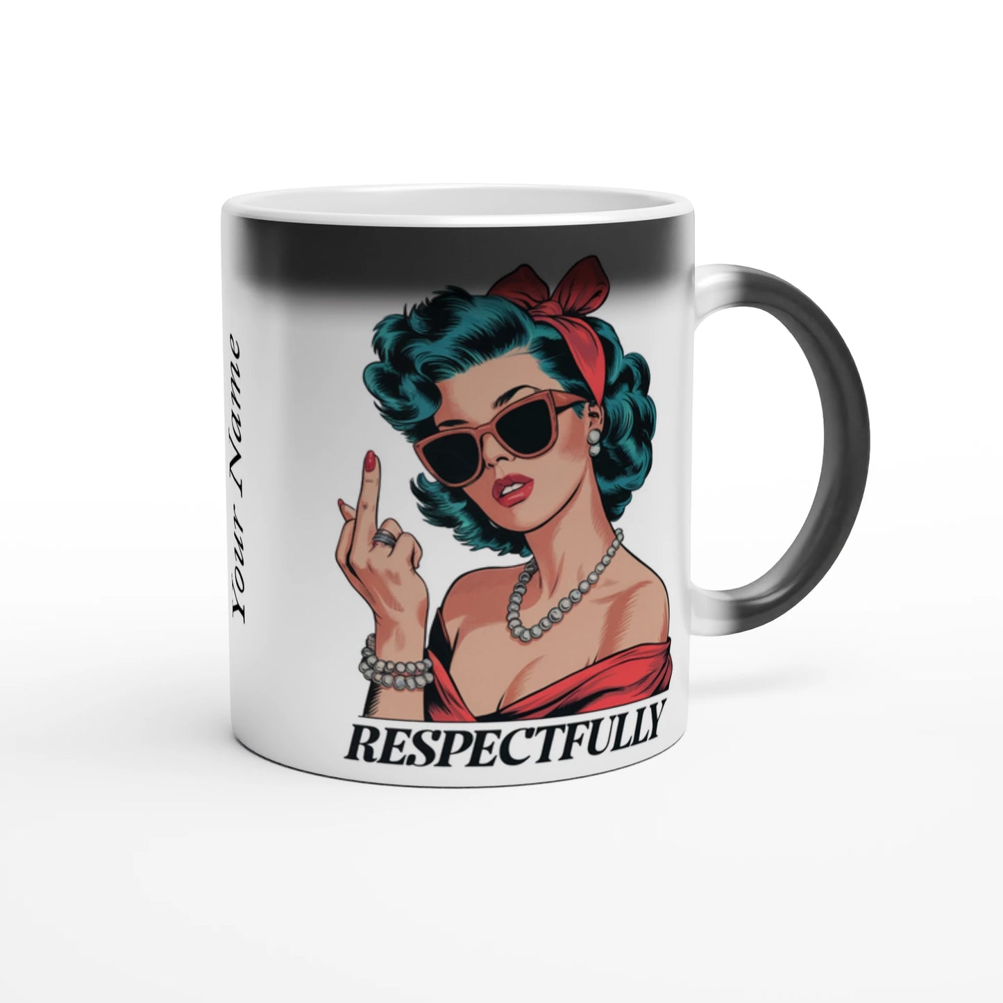Respectfully, Retro Woman With Middle Finger - Personalised Magic 11oz Ceramic Mug , Retro Woman Sarcastic Vintage Housewife , Magic Mug