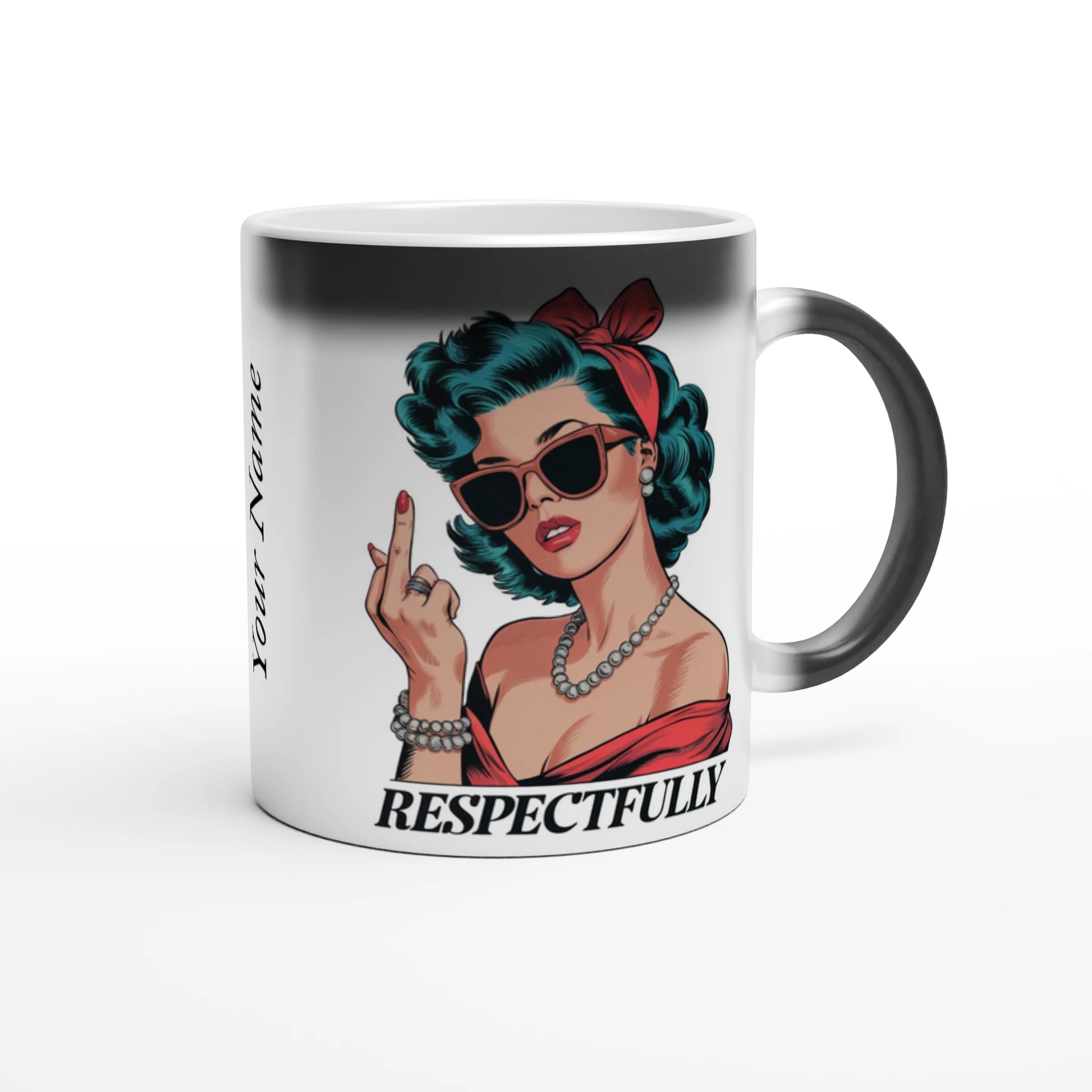 Respectfully, Retro Woman With Middle Finger - Personalised Magic 11oz Ceramic Mug , Retro Woman Sarcastic Vintage Housewife , Magic Mug