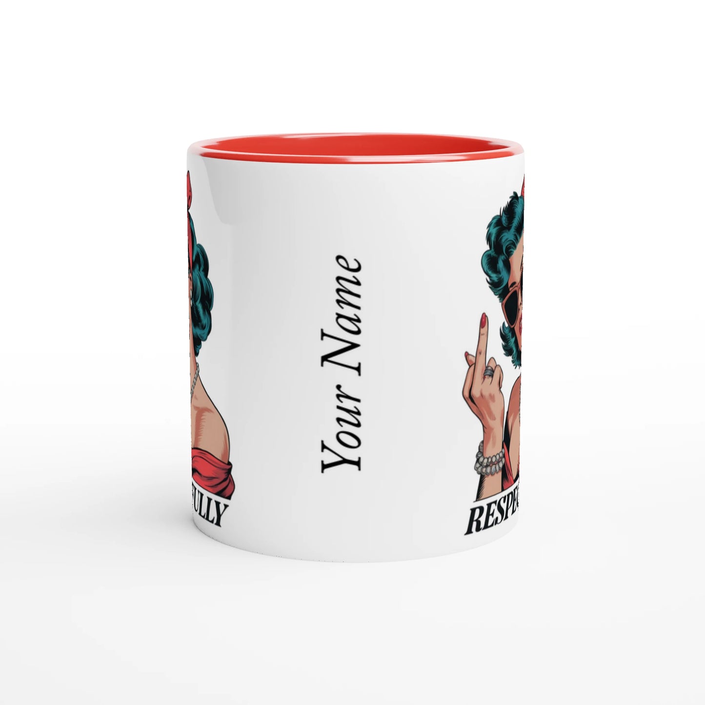 Respectfully, Retro Woman With Middle Finger - Personalised 11oz Ceramic Mug , Retro Woman Sarcastic Vintage Housewife , 11oz Mug