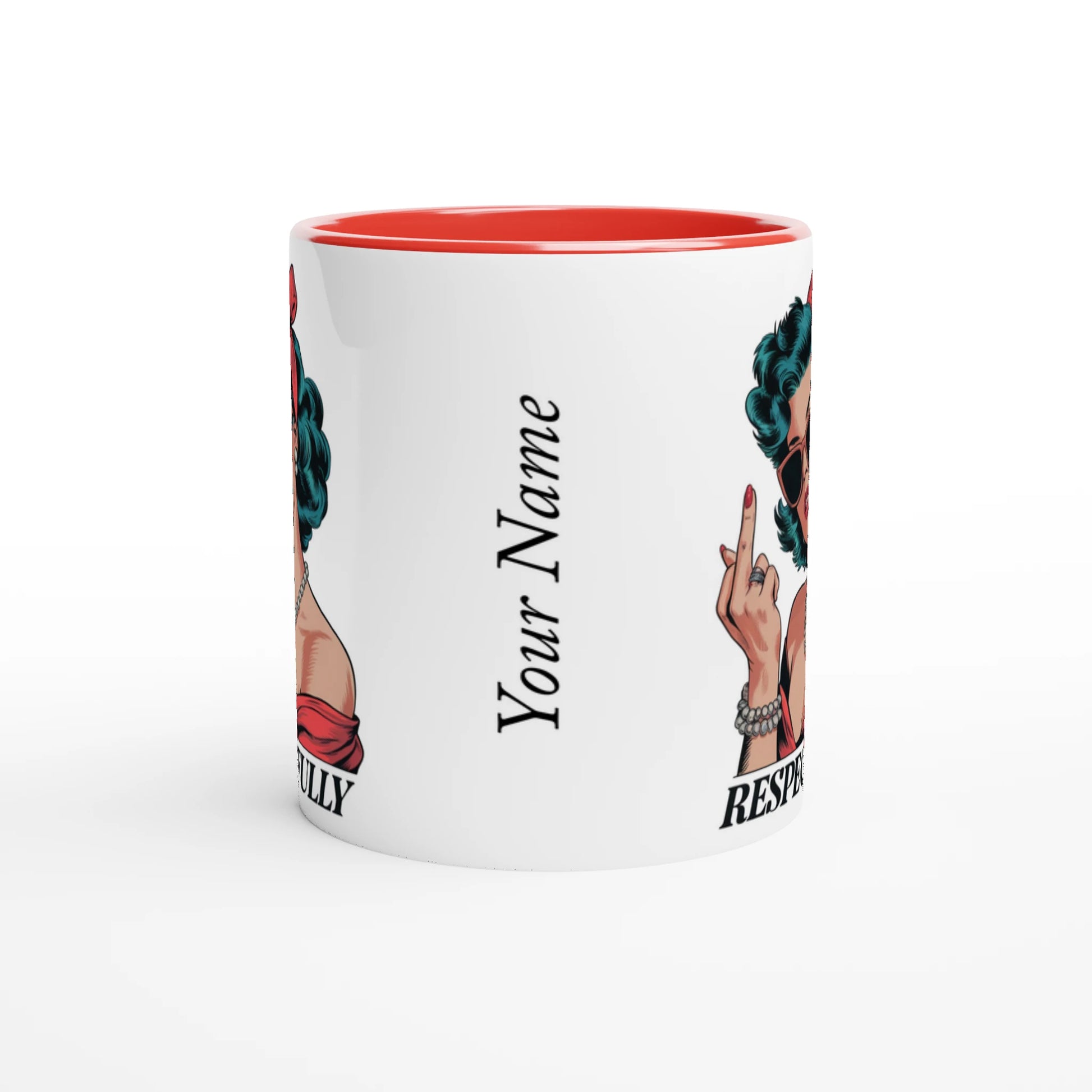 Respectfully, Retro Woman With Middle Finger - Personalised 11oz Ceramic Mug , Retro Woman Sarcastic Vintage Housewife , 11oz Mug