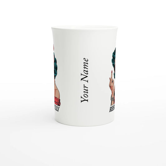 Respectfully, Retro Woman With Middle Finger - Personalised White 10oz Porcelain Slim Mug , Retro Woman Sarcastic Vintage Housewife , Porcelain Mug