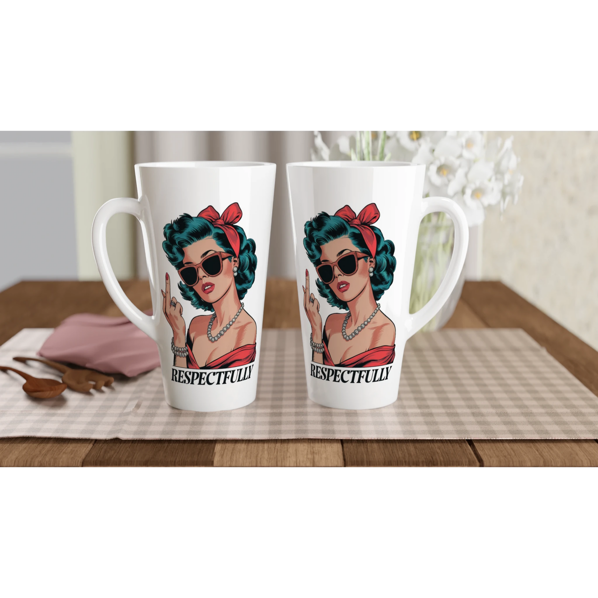 Respectfully, Retro Woman With Middle Finger - Personalised White Latte 17oz Ceramic Mug , Retro Woman Sarcastic Vintage Housewife , Latte Mug
